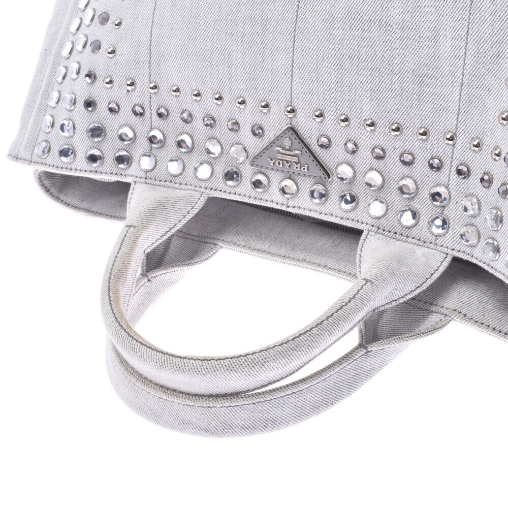 PRADA Canapa Jeweled Bag Gray Denim Tote - Picture 3 of 11